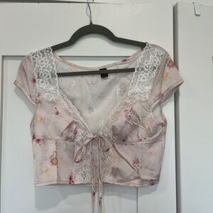 pink tie front satin top